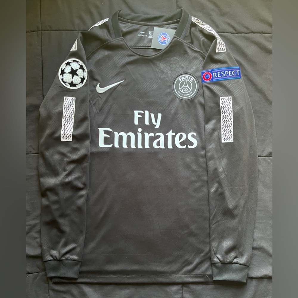 Neymar Jr #10 PSG Longsleeve Retro Jersey 2017 Black Soccer UCL Away Paris